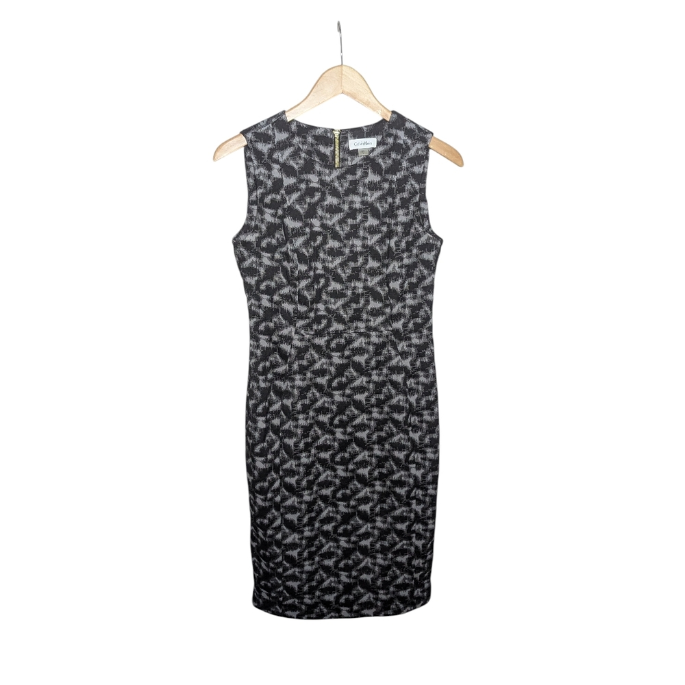 Calvin Klein Sheath Dress 6 Black Gray Textured Sleeveless Career Office Stretch